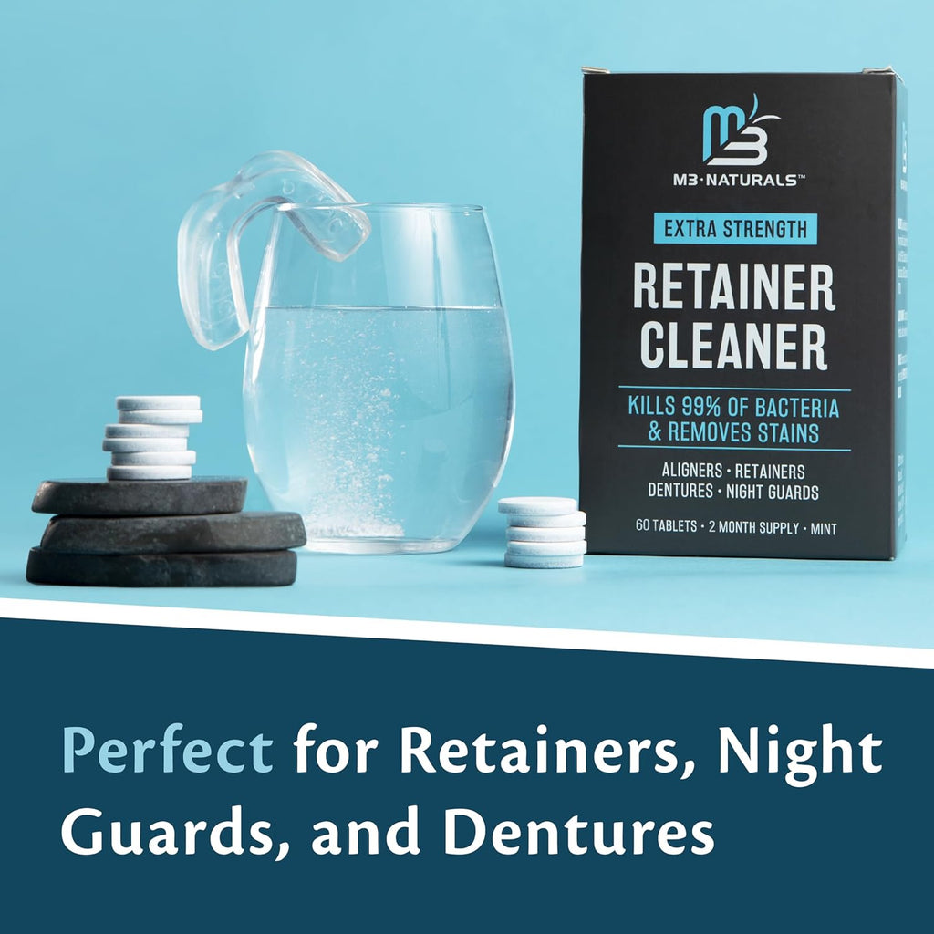 Retainer Cleanser Tablets Cleaner, Removes Odors Discoloration Stains and Plaque 2 Month Supply Denture Cleansers Retainers Mouth Guards Denture Bath Mint by M3 Naturals