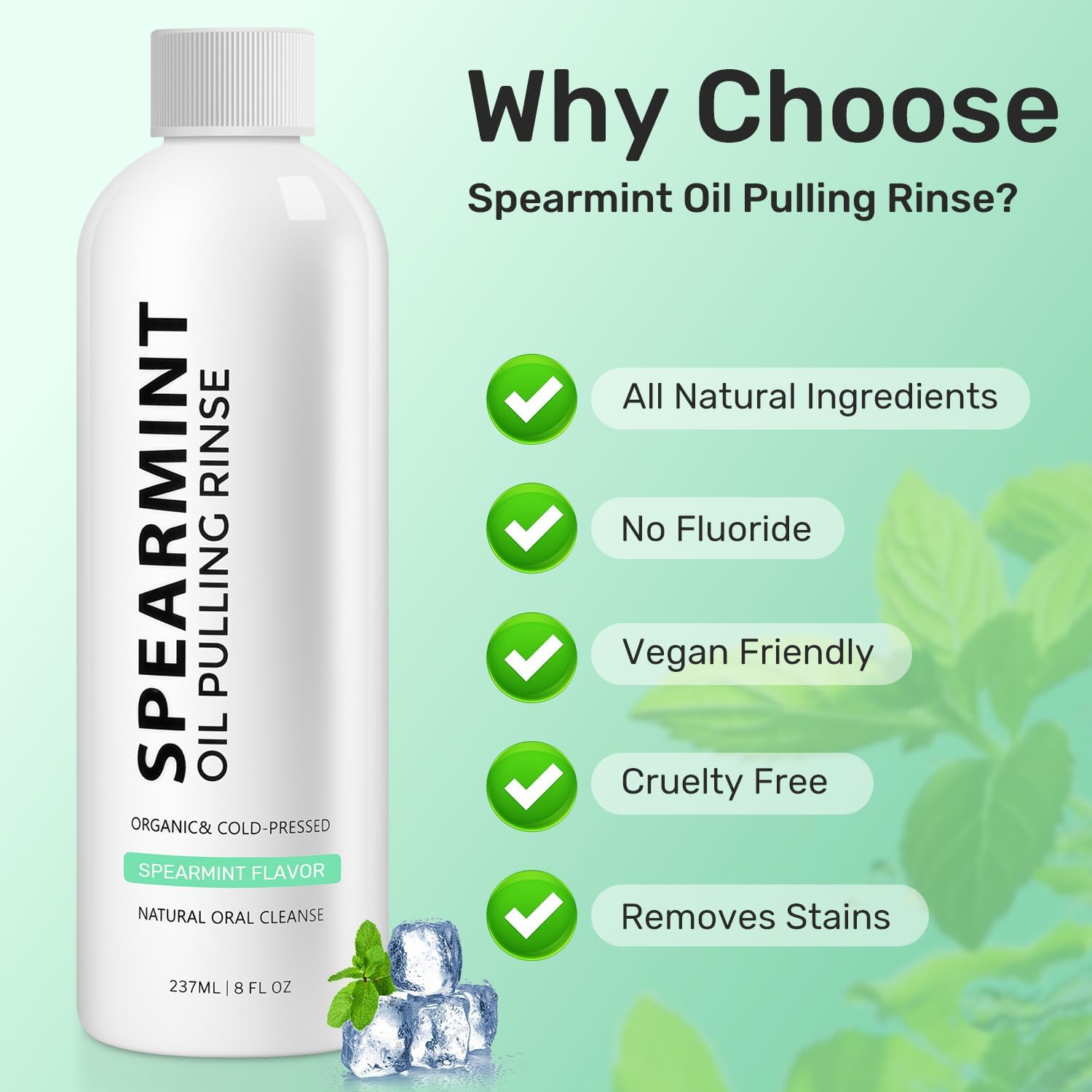 Spearmint White Oils Pulling Rinse-Natural Mouthwash with Organic Cold-Pressed Coconut Oil，White Oil Pulling Rinse for Teeth and Gums，Fresh Breath & Oral Care（2pc）