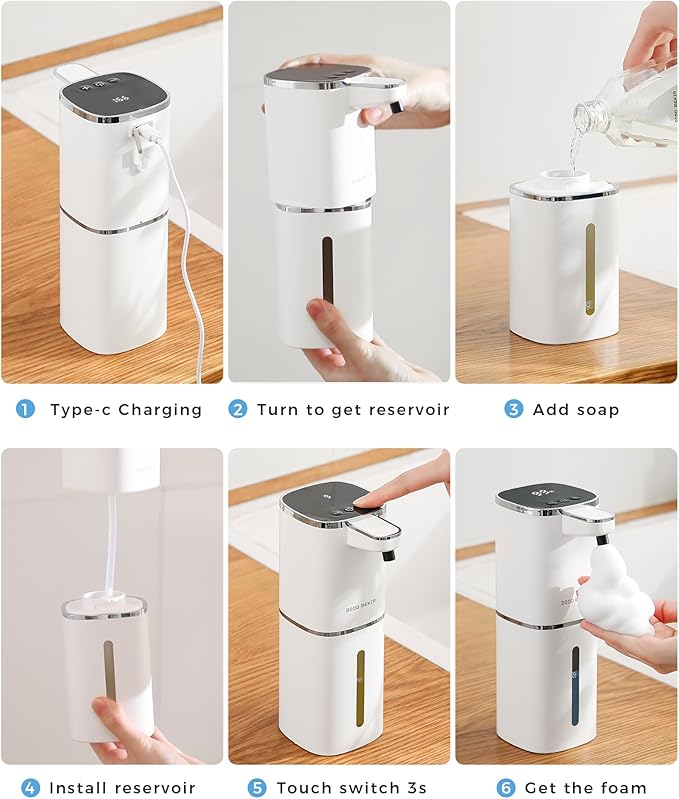 2 Pack Automatic Foaming Soap Dispenser, 400ml//13.53oz Rechargeable, Adjustable Foam Levels, IPX5 Waterproof, Touchless & Wall/Tabletop Use for Kitchen Bathroom, White