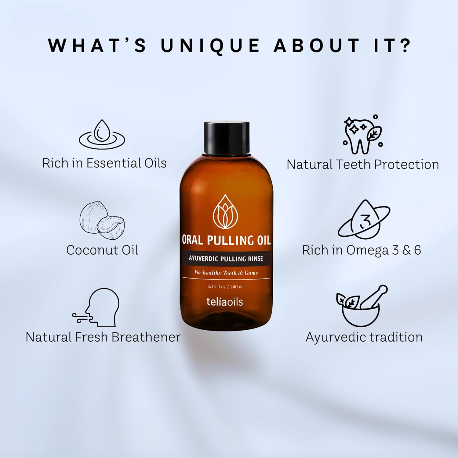 Teliaoils Coconut Pulling Oil (8.34 fl oz / 240 ml) for Mouth, Gums, Tooth – Ayurvedic Dental Mouthwash for Oral Health, Detoxification, Bad Breath – Whitens Teeth & Freshens Breath – Mint Flavor