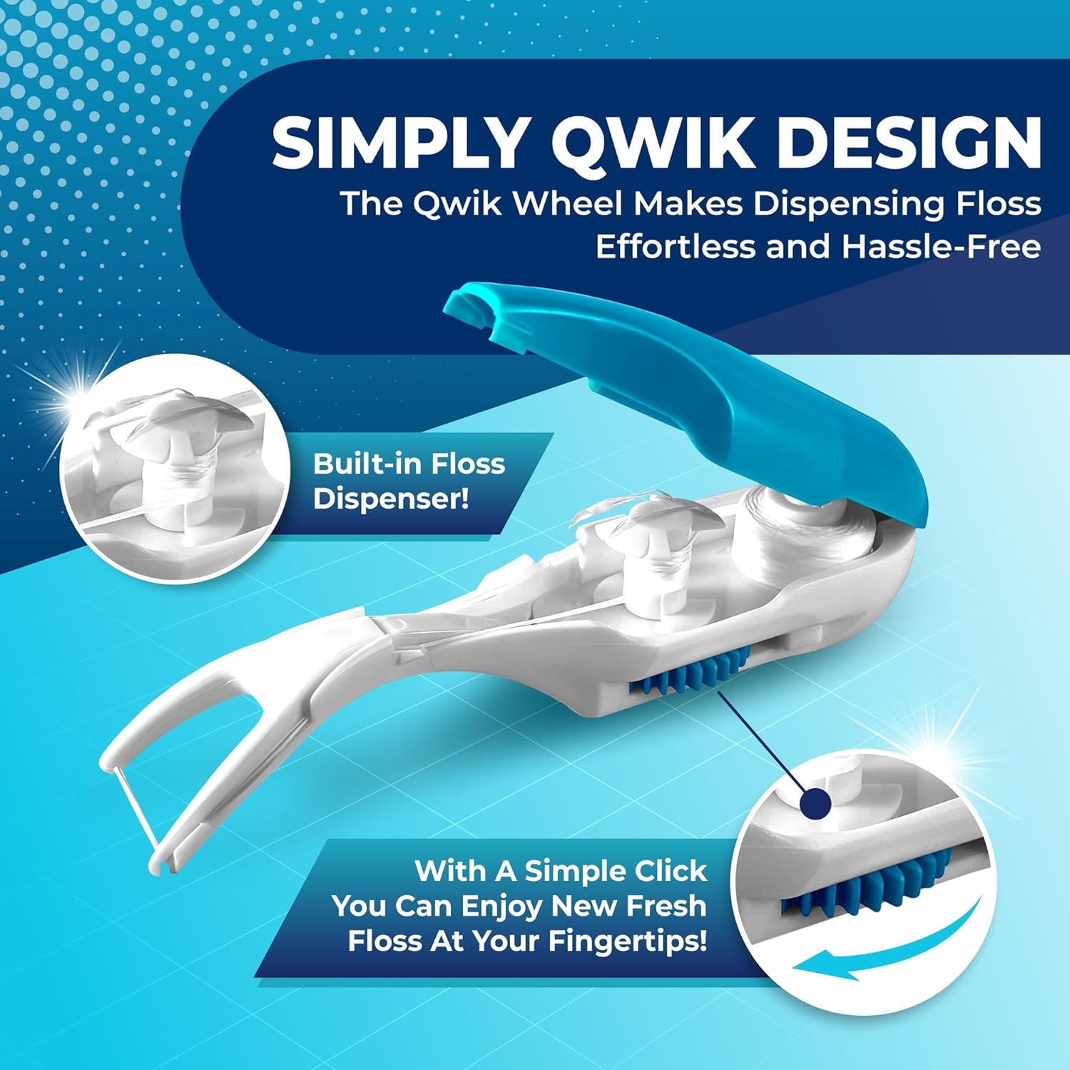 QWIK Automatic Dental Flosser | Click-to-Use, Reusable & Refillable | Pre-Loaded Floss with Travel Cover | Easy Flossing for Plaque Removal, Clean Teeth & Fresh Breath (Light Blue)