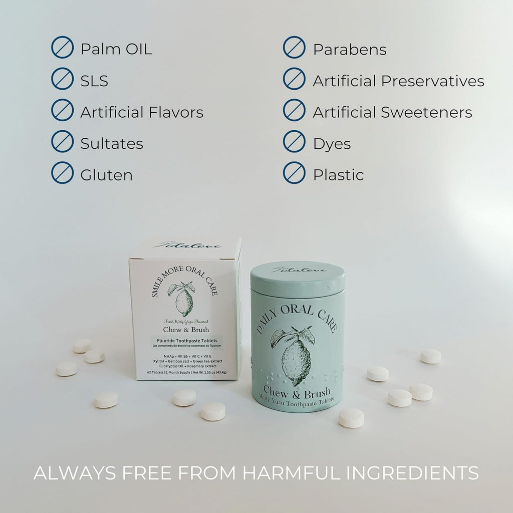 Smile More Toothpaste Tablets with Fluoride & nHAp - Vegan, Enamel Strengthening, Zero Waste, Eco-Friendly Tin (62 Tablets, Fresh Minty Yuzu, Travel-Friendly)