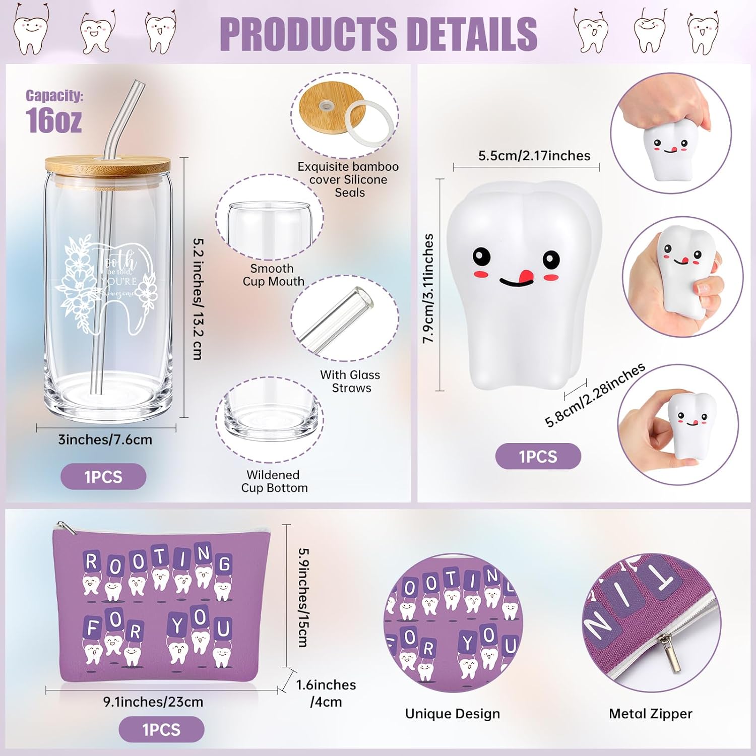 Sliner 3 Pcs Dental Hygiene Gifts Assistant Hygienist Gifts 16 oz Glass Cups Makeup Bag Teeth Stress Toy for Women Coworkers Nurse Dentist Retirement Graduation Christmas Birthday Gift(Purple)