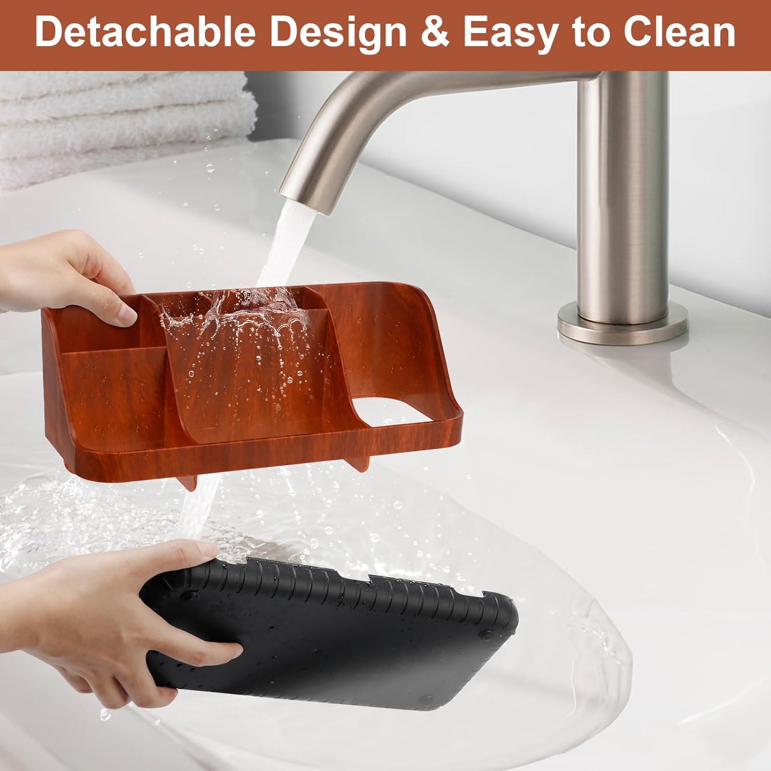 Bathroom Decor and Accessories - Detachable 7 Slots Kids Electric Toothbrush and Toothpaste Holde for Bathroom Tray Countertop Vanity Storage, Bathroom Sink Storage Organizer, Red Wood