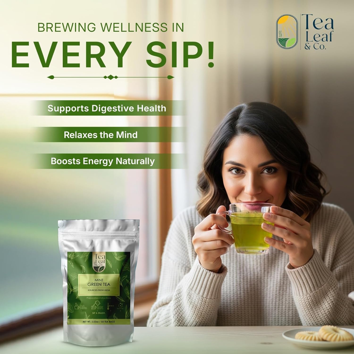 Tea Leaf & Co. Mint Green Tea Bags (50), Green Tea w/ Peppermint & Spearmint, Caffeinated, Real & Natural Green Tea, Blended with Fresh Herbs & Spices