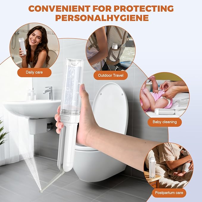 Portable Bidet for Travel, Electric Handheld Bidet Sprayer with Universal Adapter and 3 Pressure Options, Peri Bottle Postpartum, Waterproof High Pressure Handheld Bidet for Women Men Baby Cleaning