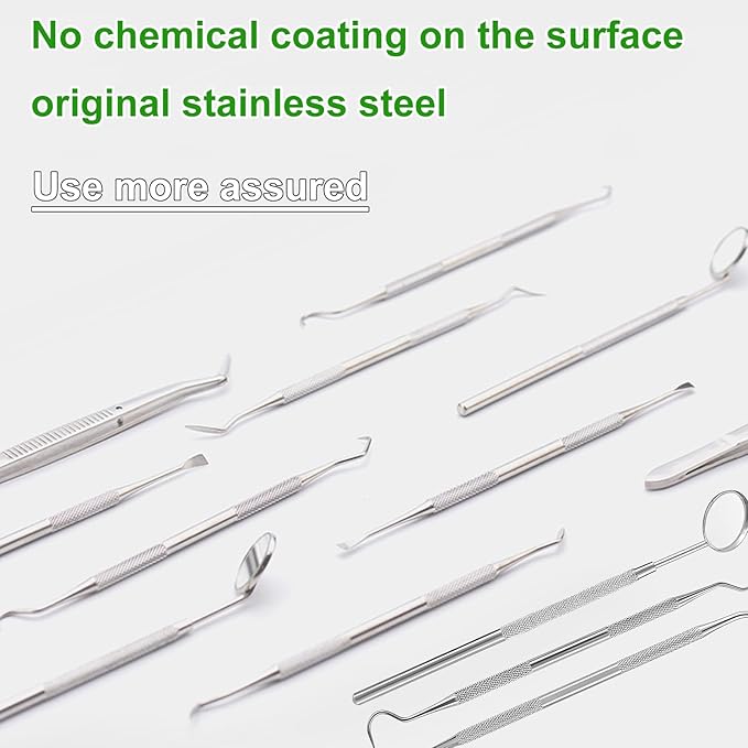 Teeth Cleaner Tool Kit Stainless Steel Plaque Tartar Remover Set of 6 with Metal Case, Tweezers, Oral Mirror, Teeth Cleaner, Probe, Stain Remover