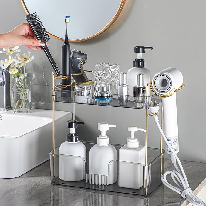 2 Tier Bathroom Counter Organizer with Hair Dryer Holder, Modern Style, Grey