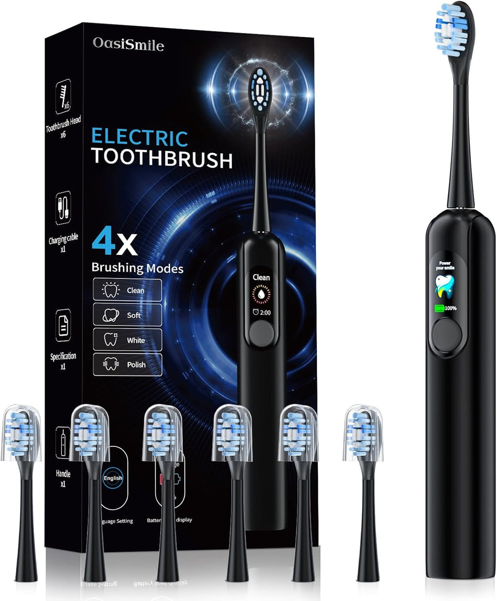 Sonic Electric Toothbrush for Adults with LED Display - 38400 VPM Deep Clean, 6 Brush Heads & 45-Day Battery Life, IPX7 Waterproof, 4 Modes Rechargeable Toothbrush for Home/Travel