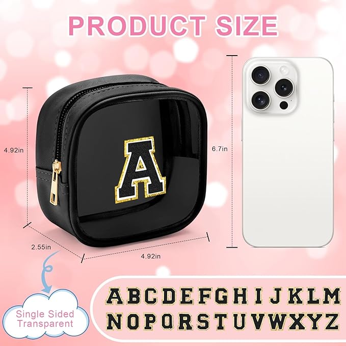 YOOLIFE Initial Makeup Bag Travel Toiletry Bag, Clear Makeup Bag Car Accessories For Women Clear Makeup Bags With Zipper Girlfriend Teacher 13 Year Old Girl Gifts Daughter Girl Gifts Mini Black M