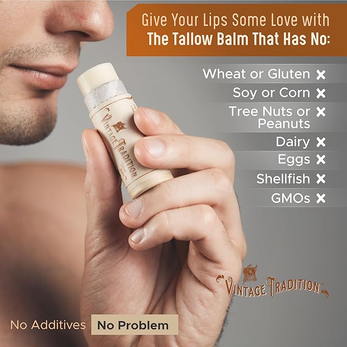 Vintage Tradition Moisturizing Beef Tallow Lip Balm – Unscented Tube Lip Moisturizer for Sensitive Skin Hydrates & Soothes Dry Lips – Grass-Fed Tallow Balm for Skin Care, 0.5 Fl. Oz.