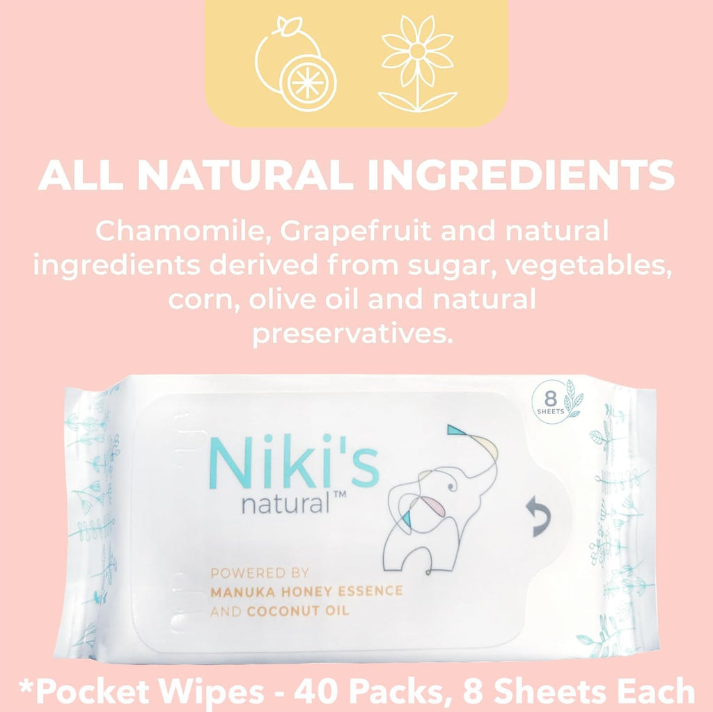 Niki's Natural Pocket Baby Wipes | Organic Baby Wipes Sensitive | Made with Manuka Honey and Coconut Oil, Unscented | EWG Verified | 320 Wipes (40 Pack x 8 Count Wipes)
