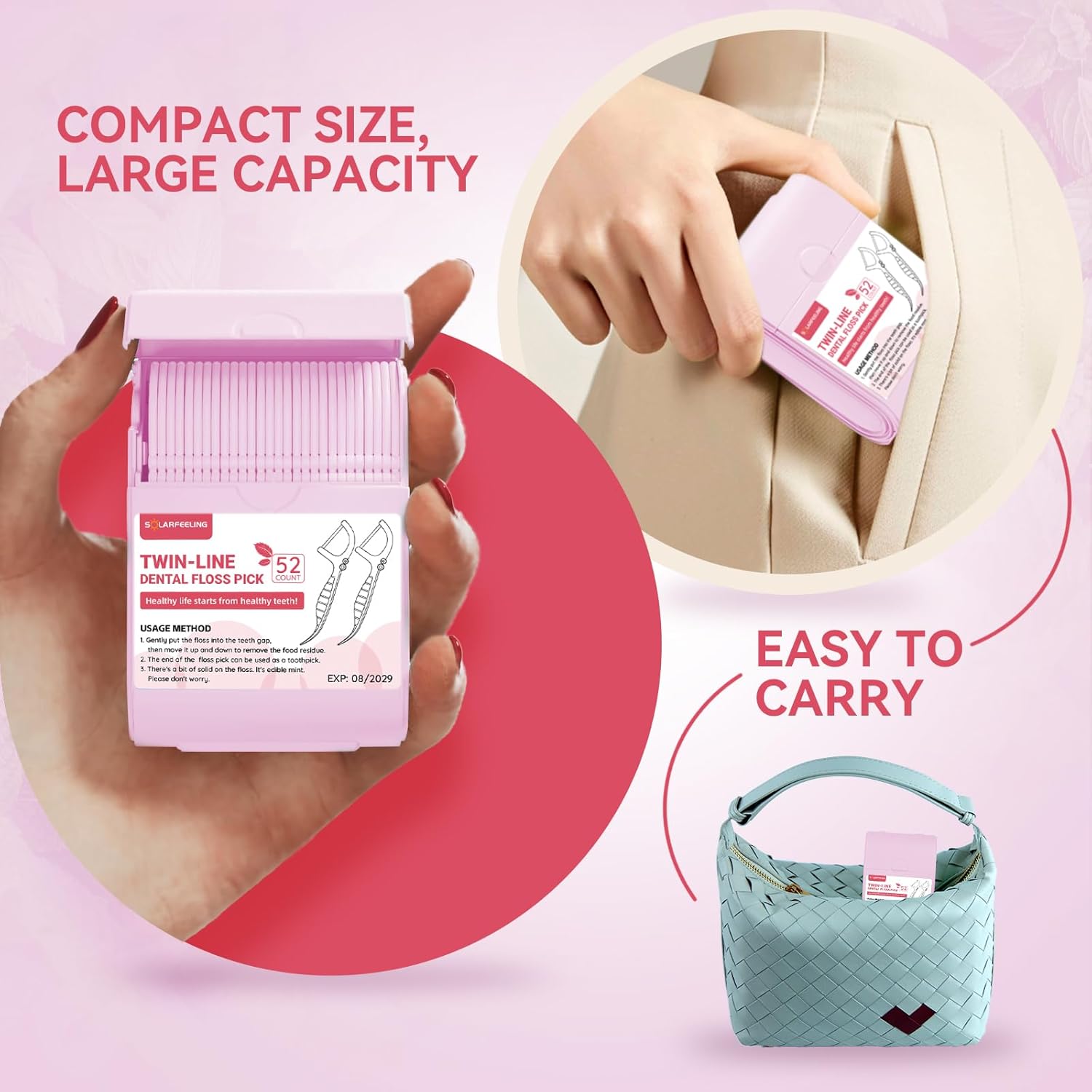 Travel Dental Floss Picks, 3 Cases with 156 Count Mint Flavor Twin-Line Dental Flosser, Portable Floss Case, Portable Floss Dispenser, Travel Floss Sticks for Adults (Pink)