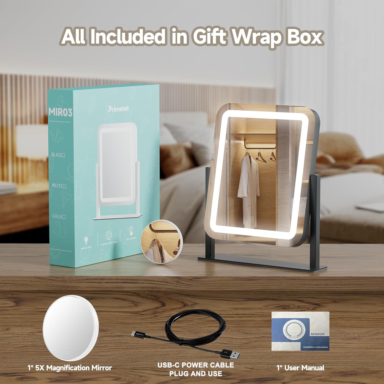 PRIMETEK Vanity Mirror with Lights, 16"x14" Large LED Lighted Makeup Mirror, Hollywood Makeup Mirror, Touch Screen, 3-Color Lighting, 5X Magnification, for Vanity Desk Tabletop, Bedroom, Black