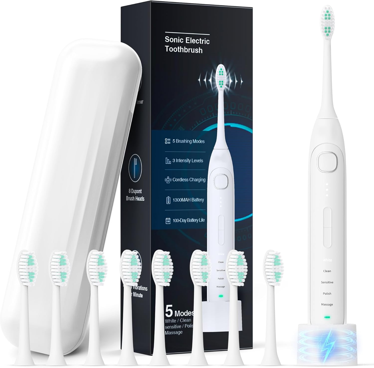 Electric Toothbrush for Adults and Kids Rechargeable Sonic Toothbrush with 5 Modes 2-Min Smart Timer IPX7 Waterproof 40,000 VPM Motor with 8 Brush Heads & Travel Case (White, 1Pack)