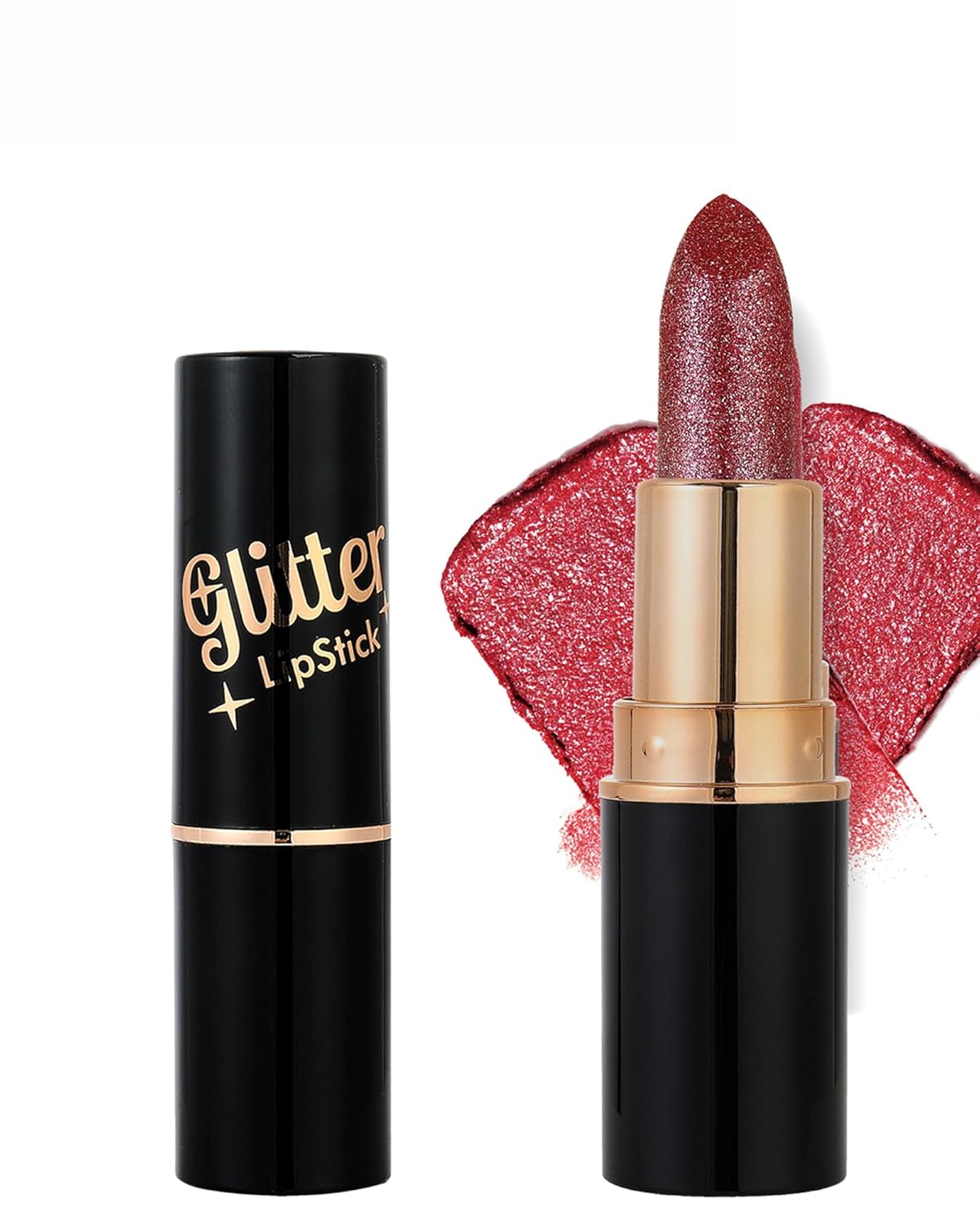 Rose Red Metallic Glitter Lipstick Long Lasting,Diamond Nude Shimmer Lip Gloss High Pigmented Matte Liquid Lip Stick for Women,Sparkling Shiny Transfer Proof Non Stick Tinted Lip Color Balm Makeup-06