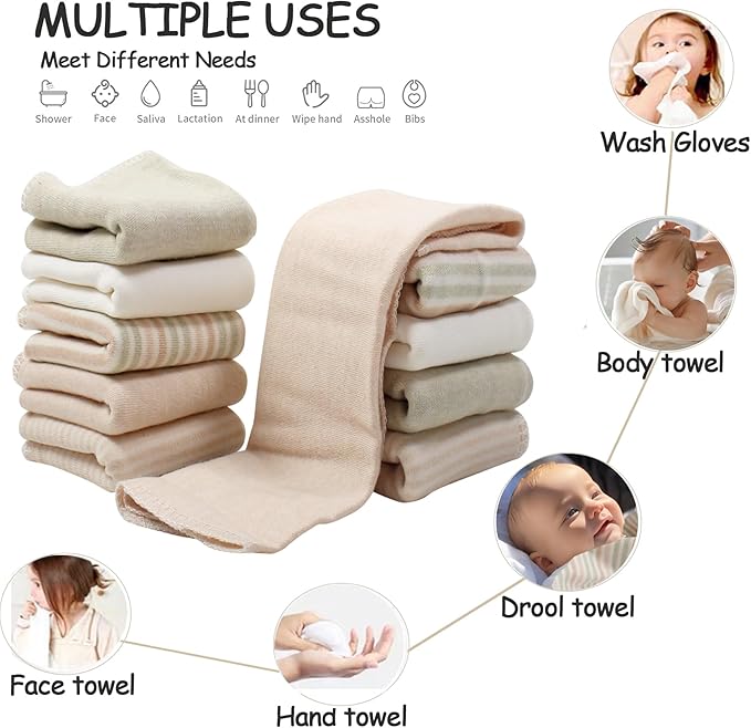 10-Pack Organic Baby Washcloths - Ultra Soft Organic Cotton Reusable Towels, Gentle for Newborn Sensitive Skin, Perfect for Baby Towels, Feeding & Travel Care (Multicolor)