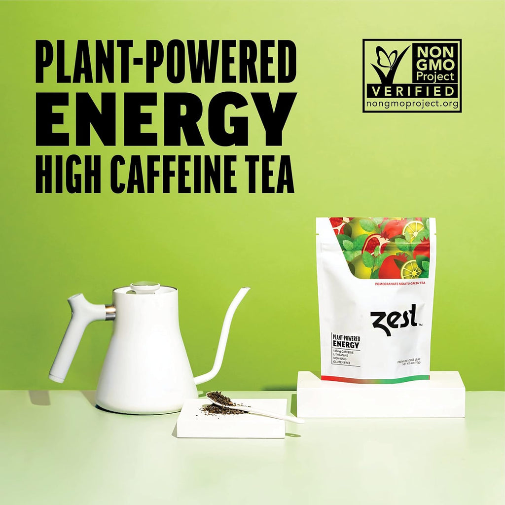 Zest Energy Green Tea - Pomegranate Mojito Loose Leaf Blend - High Caffeine Peppermint - Caffeinated Coffee Substitute - Natural, Non-GMO & Keto Friendly - Hot or Iced - 50 Servings - 135mg Caf