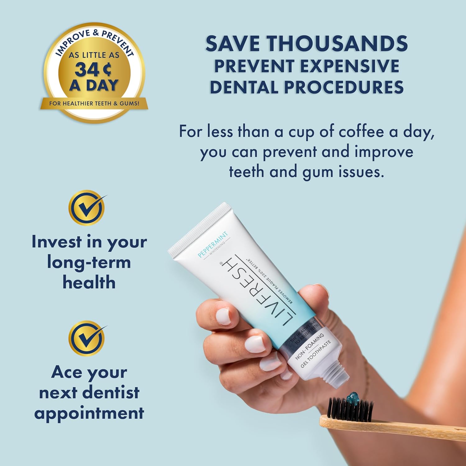 LIVFRESH Toothpaste Gel, Clinically Proven to Remove Plaque 250% Better, Improves Gum Health 190% Better, Prevents & Reduces Tartar, Freshens Breath, SLS Free Dental Gel, Peppermint, 2 Pack