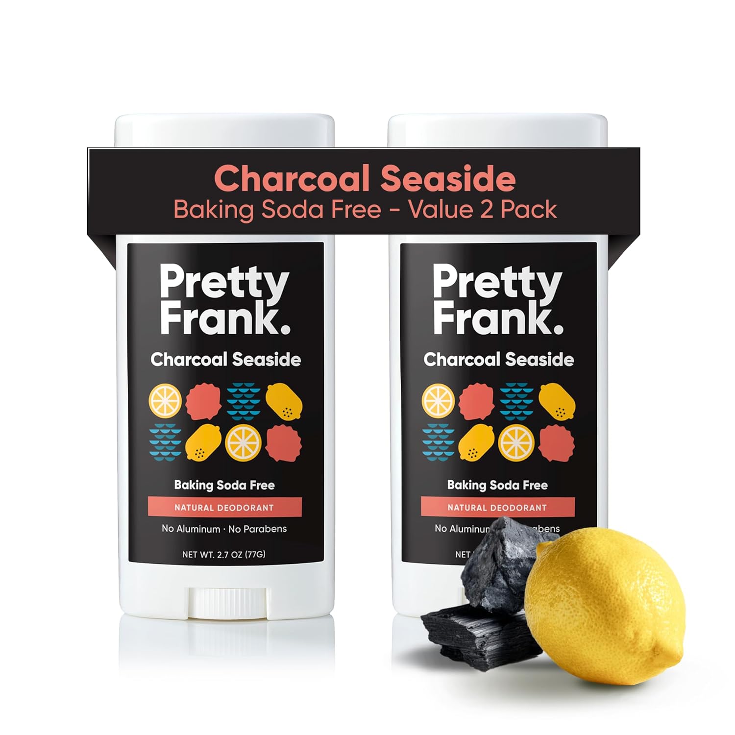 Pretty Frank Natural Aluminum-Free Deodorant Stick with Charcoal, Baking Soda-Free, Charcoal Seaside (2-Pack) | Sensitive Skin Friendly, Effective Odor Control for Women & Men, Organic Ingredients