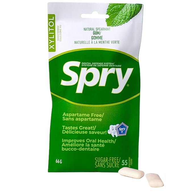 Spry On The Go Fresh Natural Xylitol Chewing Gum Dental Defense System - Aspartame-Free, Sugar-Free, Non-GMO (Spearmint, 55 Count - Pack of 1)