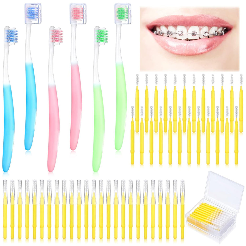 Honeydak 6 Pieces V Shaped Orthodontic Toothbrush for Brace with Brush Head 40 Pieces Interdental Brush Soft Bristle Braces Brushes for Cleaning Portable Toothbrushes for Braces(Small,Yellow)