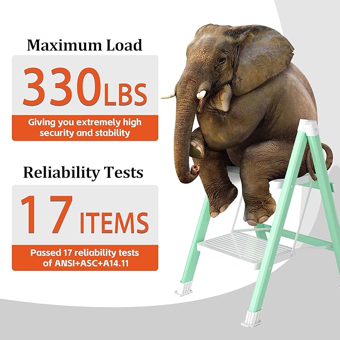 2 Step Ladder, Folding Step Stool with Anti-Slip Wide Pedal, Anti-Slip Feet, Sturdiest Steel Construction, Steel Ladder for Home and Office, Green White