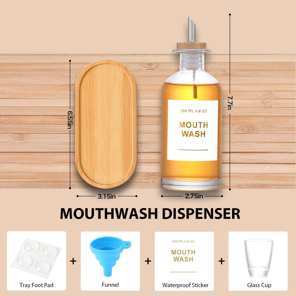 11.8OZ Glass Mouthwash Dispenser for Bathroom with Stainless Steel & Bamboo Nozzle, Mouthwash Cup Reusable, Bamboo Tray, and Elegant Gold Sticker.Set of 2（Clear