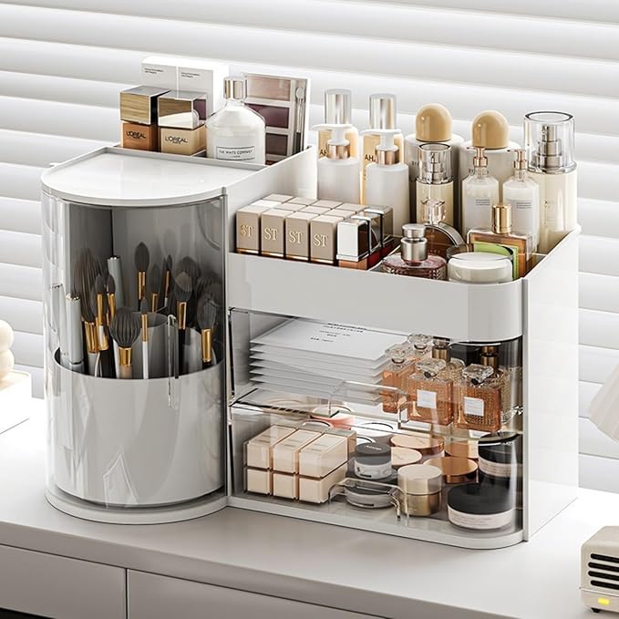Makeup Organizer with Rotating Brush Holder Cosmetic Organizer with Drawers Countertop Skincare Organizer for Vanity,Cosmetic Display Case Storage (White, Large)
