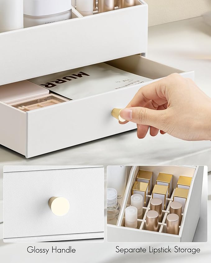 Vlando Makeup Organzier,Vanity Organizer with Drawers, PU Leather Skincare Organizer Perfume Organizer,Large Cosmetic Display Case for Lipstick,Brushes Gifts for Women-White