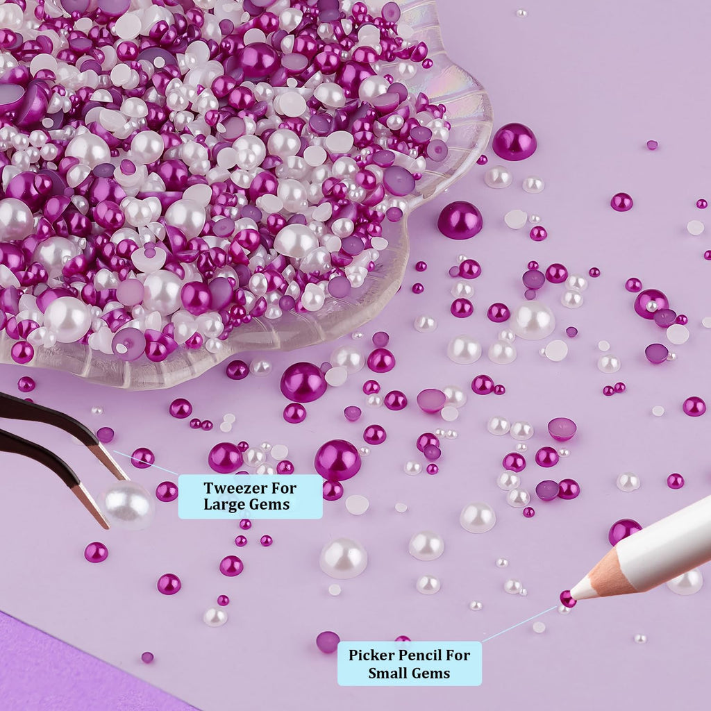 2 Boxes Flat Back Pearls Kit 3 Flatback White&Dark Purple Half Round Pearls 2-8mm with Pickup Pencil and Tweezer for Home DIY and Face Makeup and Craft