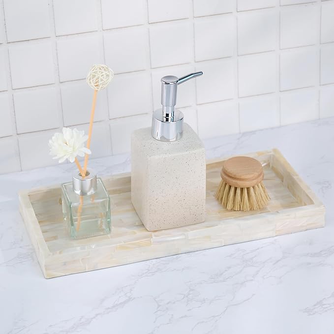 PEMAR Set of 2 Mother of Pearl Vanity Tray for Bathroom Counter, 11" Wooden Organisation Valet Tray for Perfume Makeup Bedroom Dresser Kitchen Sink Countertop Organizer, Toilet Tank (White Tiles)