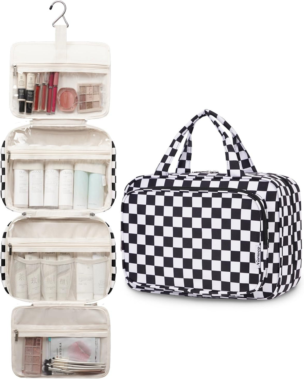 Narwey Travel Toiletry Bag for Women Large Hanging Makeup Bag Organizer Toiletries Bag for Full Size Essentials Accessories Cosmetics (Black Checkerboard (Large))