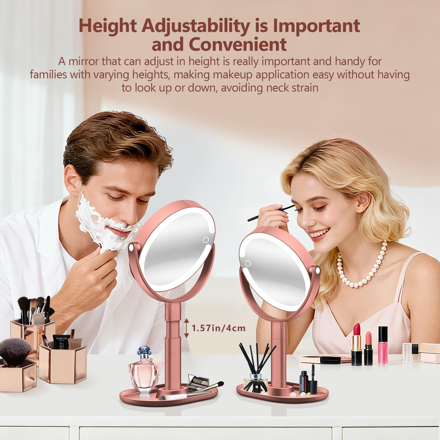 MIYADIVA Makeup Mirror with Lights, 30X Magnifying Mirror with Light and Touch Switch, Vanity Mirror with 3 Color Light and 80 LEDs, Height Adjustable Desk Mirror with Lights, Rose