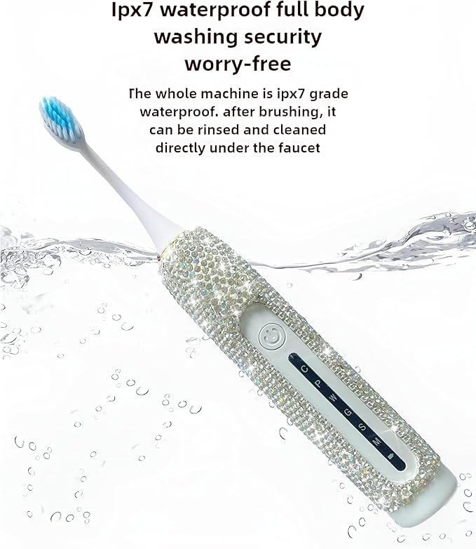 Electric Toothbrush for Woman Bling Diamond Decor Portable Travel Essentials for Couple Gifts Toothbrush with 3 Replacement Heads 6 Modes（Silver & Black