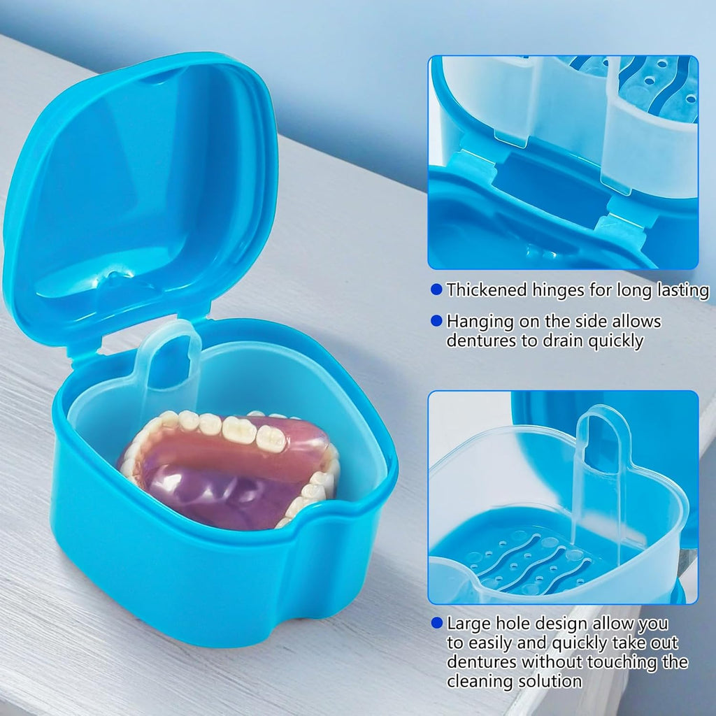 2 Pack Denture Cup Denture Bath Holder Case with Strainer Basket, Dental Retainer Cleaner Case False Teeth Container Denture Bath Soaking Cup with 2 Brushes - Purple and Blue