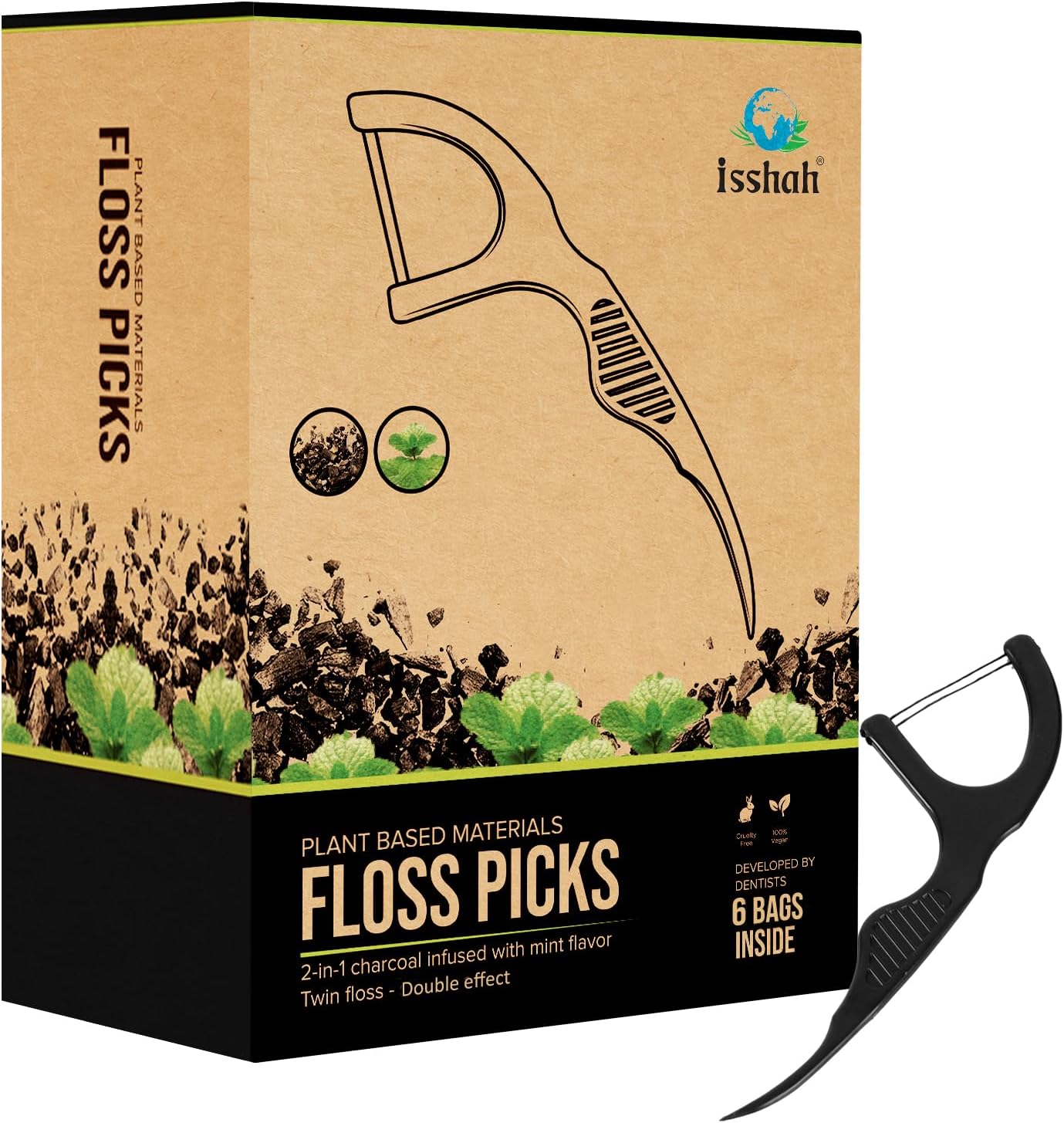 Plant Based Dental Floss Picks (300 Count) - Freshlock EcoPouch, Plant Based, Vegan, Eco Friendly, Sustainable Dental Flossers - Twin Floss (Charcoal)