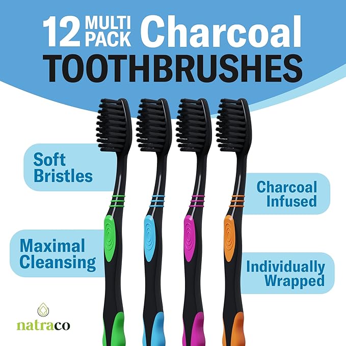 Charcoal Toothbrushes - Deep Clean Charcoal Soft Bristle Toothbrush - Multi Colored - Individually Wrapped - with Covers, for Travel, Kids, Family, Dental Care 12 Pack