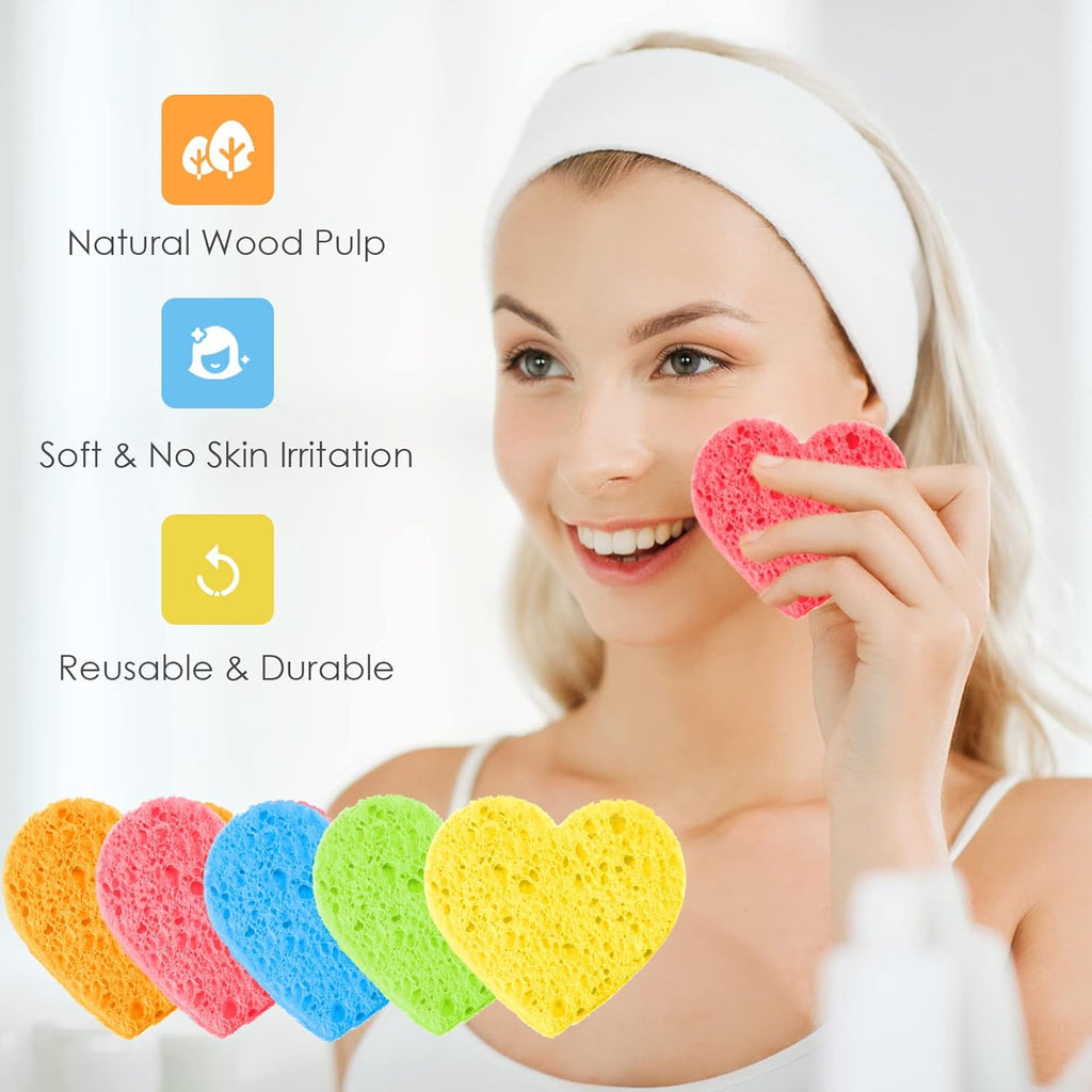 Nuenen 60 Pieces Facial Sponges with Container, Heart Shape Compressed Face Sponges Natural Cleaning Pads for Washing Face Cleaning Exfoliating Esthetician Makeup Removal(Multi Colors)