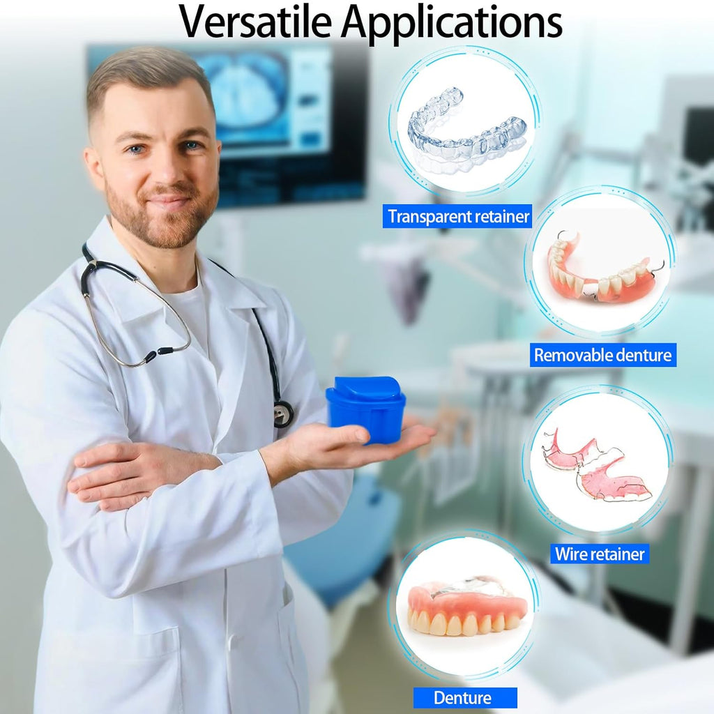 2 Pack Denture Bath Case Cup with Lid and Strainer Basket, Retainer Cleaner Case Dental False Teeth Container with 2 Travel Brushes, Lake Green and Dark Blue