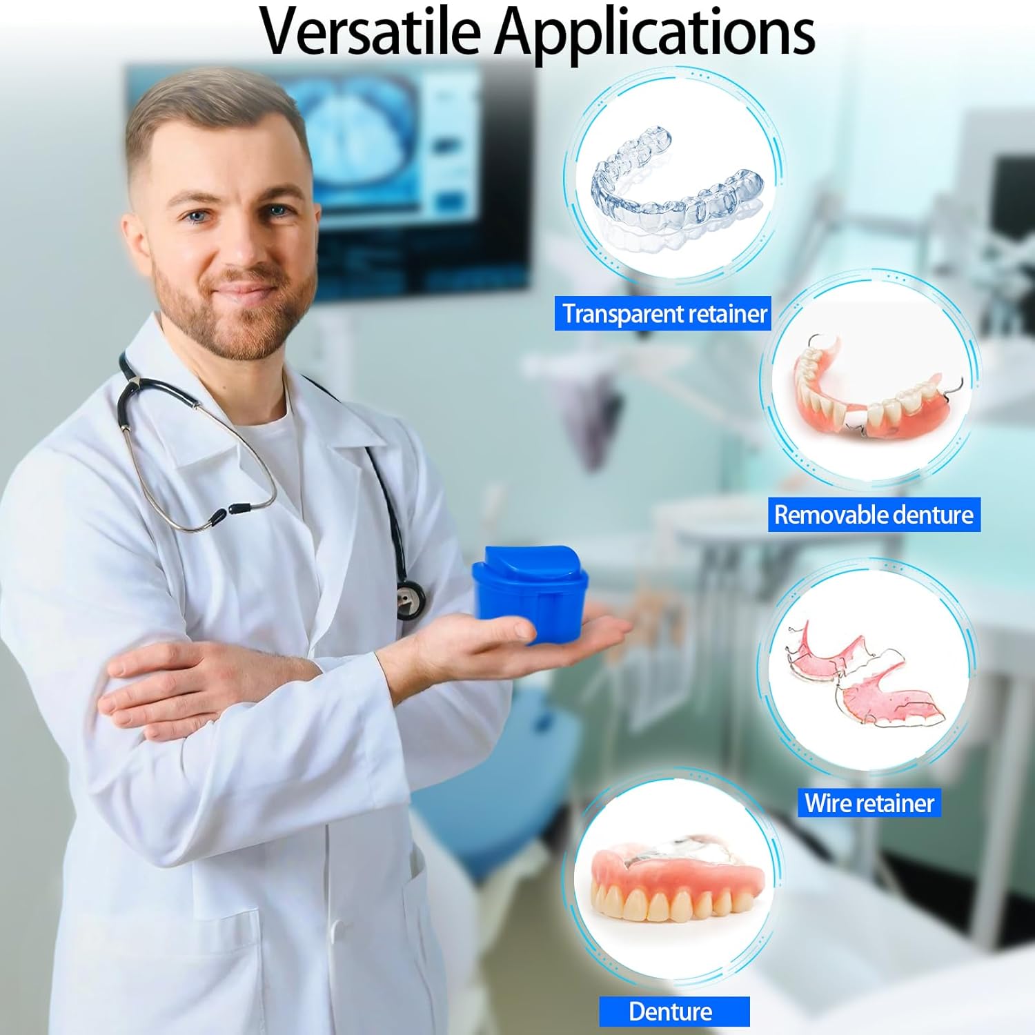 2 Pack Denture Bath Case Cup with Lid and Strainer Basket, Retainer Cleaner Case Dental False Teeth Container with 2 Travel Brushes, Lake Green and Dark Blue