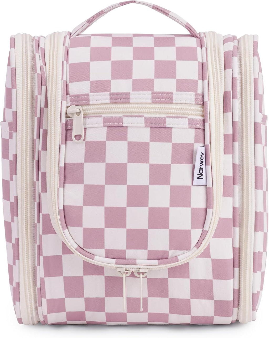 Narwey Small Checkered Hanging Travel Toiletry Bag for Women, Travel Bag for Toiletries, Makeup Bag Organizer Cosmetic Bags Make Up Bags for Women (Dusty Rose Checkerboard)