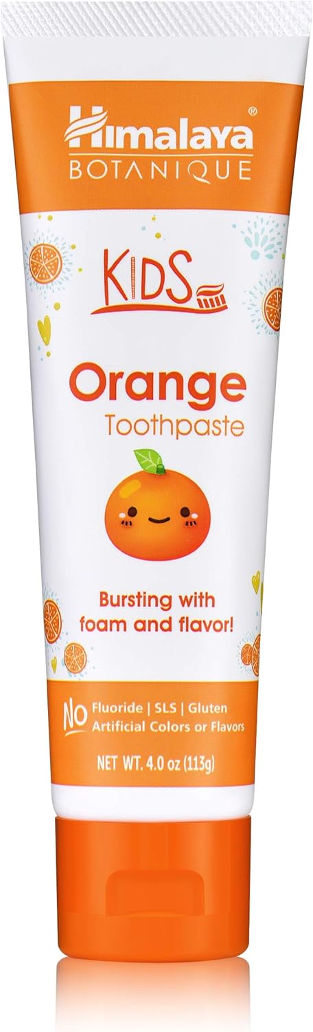 Himalaya Botanique Kids Toothpaste, Herbal, Orange Flavor, Fights Plaque, Fluoride Free, Gentle, No Artificial Flavors or Colors, SLS Free, Gluten Free, Cruelty Free, Vegan, Foaming, 4 Oz, 2 Pack…