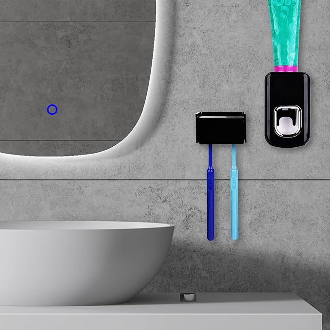 2 Slots Wall Mount Toothbrush Holder with Cover, Self Adhesive Toothbrush Storage Organizer for Shower, Toothbrush Hanger with Automatic Toothpaste Squeezer Dispenser(Black)