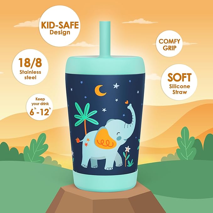 Kid Insulated Stainless Steel Tumbler with Silicone Straw, 12oz Sippy Cup for Kids (Dreamy Elephant)