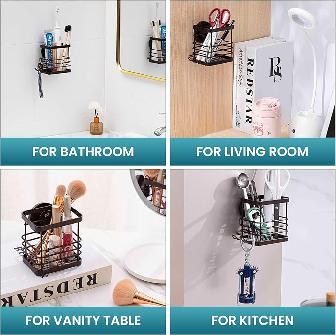 TAILI Patented Suction Cup Toothbrush Holder, Stainless Steel Anti-Puddling Toothbrush Shower Holder, No Drilling Removable Organizer for Bathroom Toothpaste, Razor, Kitchen and Office Items, Brown