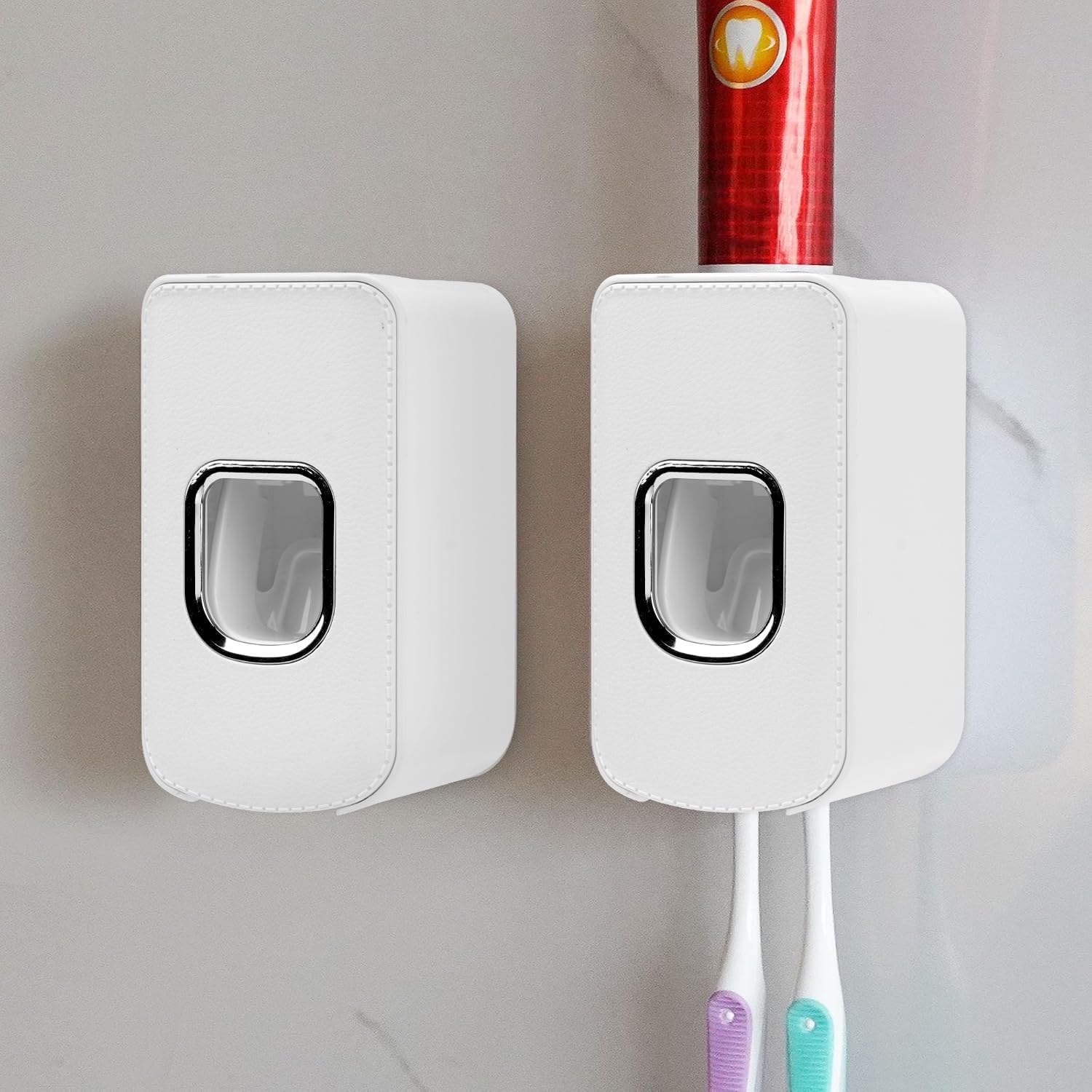 2 Slot Toothbrush Holder and Toothpaste Dispenser Wall Mounted, Automatic Toothpaste Squeezer, 2 in 1 Tooth Brush Toothpaste Organizer for Shower (White 2Pack)