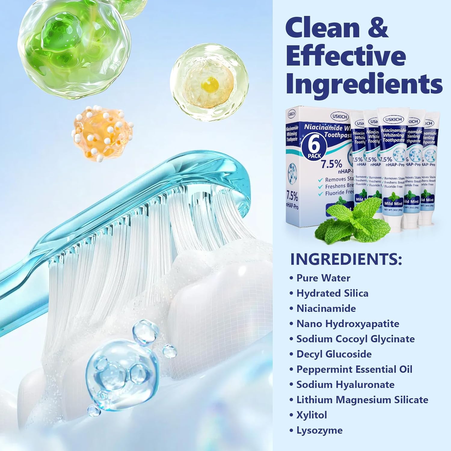 7.5% Nano Hydroxyapatite Toothpaste,6 Pack Fresh Breath Whitening Toothpaste for Remineralizing Enamel & Sensitive Relief,Antiplaque,Natural Peppermint,Fluoride-Free