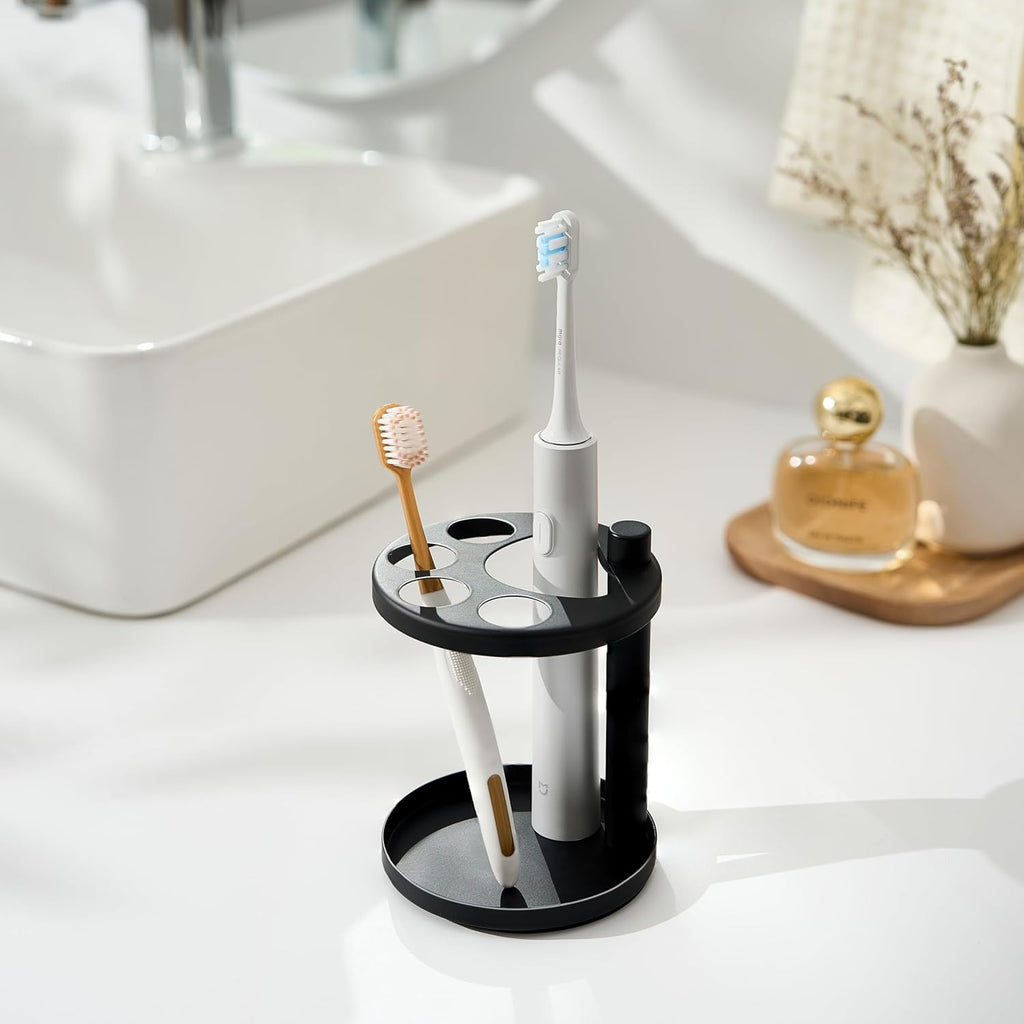 Metal Toothbrush Holder Stand for Bathroom: Stainless Steel Ventilated Organizer with Slots for Electric Toothbrushes, Toothpaste, Razors & Small Comb, Unique Footprint Base Design, Black