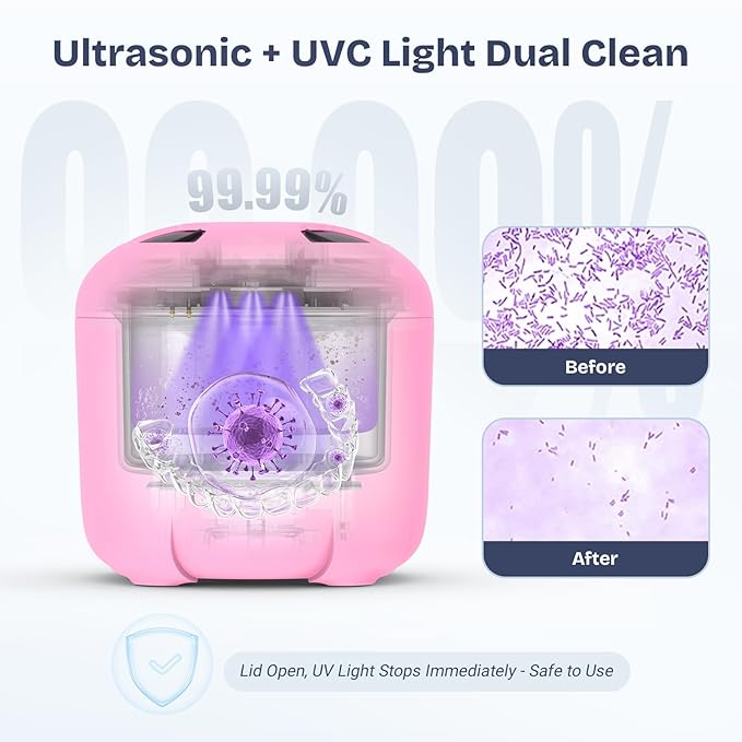 2025 Ultrasonic Retainer Cleaner- 45KHz 25W Portable Denture Cleaner with Drying Function and Removable Inner for Dentures, Mouth Guards, Aligners, Jewelry and More (Pink)